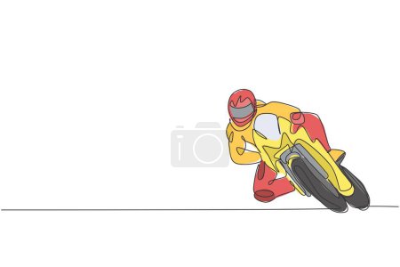Illustration for Single continuous line drawing of young superbike racer practice leaning at circuit track. Motogp tournament concept. Trendy one line draw design vector illustration for motorbike race promotion media - Royalty Free Image