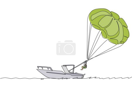 Illustration for Single continuous line drawing young tourist man flying with parasailing parachute on the sky pulled by a boat. Extreme vacation holiday sport concept. One line draw design vector graphic illustration - Royalty Free Image