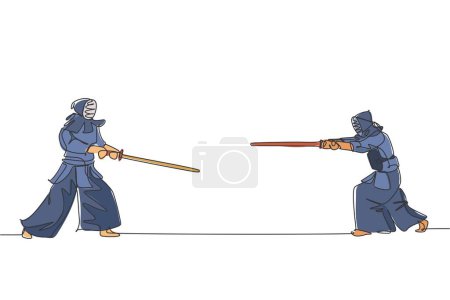 Téléchargez les illustrations : Un dessin d'une seule ligne de deux jeunes homme énergique position avant combat kendo avec épée en bois à l'illustration vectorielle centre de gymnase. Concept de lutte contre le sport. Conception moderne de tracé continu - en licence libre de droit