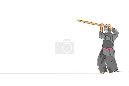 Téléchargez les illustrations : Un dessin de ligne continue de jeune homme sportif formation kendo compétence de défense dans le centre de dojo. Combat sain art martial concept de sport. Illustration graphique vectorielle de dessin dynamique à une ligne - en licence libre de droit