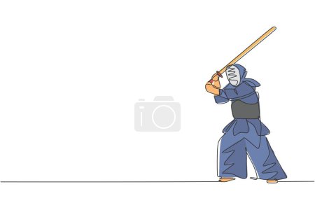 Téléchargez les illustrations : Un dessin de ligne continue de jeune homme sportif formation position kendo pour les compétences de combat dans le centre de dojo. Art martial sain concept de sport. Illustration graphique vectorielle de dessin dynamique à une ligne - en licence libre de droit