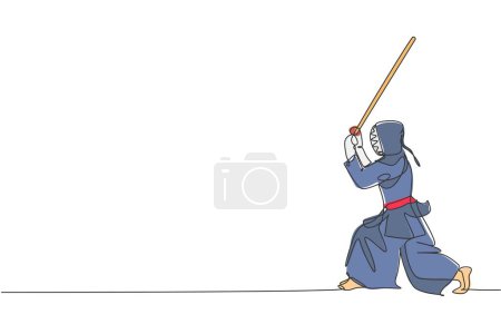 Téléchargez les illustrations : Un seul dessin de ligne de jeune homme énergique exercice posture kendo avec épée en bois au centre de gymnase illustration vectorielle graphique. Concept de lutte contre le sport. Conception moderne de tracé continu - en licence libre de droit
