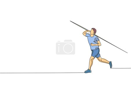 Illustration for One continuous line drawing of young sporty man exercise to concentrate before throw javelin on the field. Athletic games. Olympic sport concept. Dynamic single line draw design vector illustration - Royalty Free Image