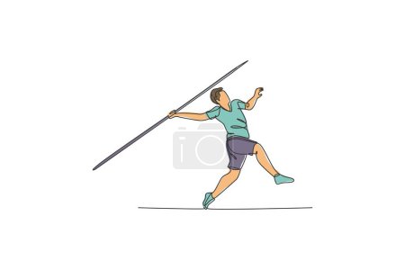 Illustration for One continuous line drawing of young sporty man exercise to run stance before throw javelin on the field. Athletic games. Olympic sport concept. Dynamic single line draw design vector illustration - Royalty Free Image