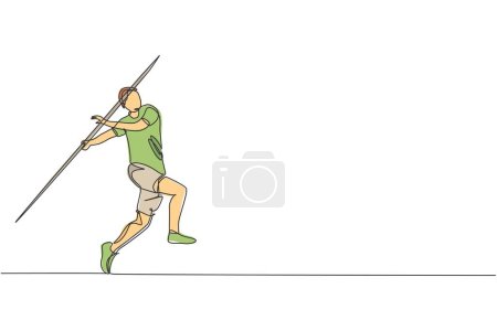 Illustration for Single continuous line drawing of young sportive man practice to focus before power throw javelin on the court stadium. Athletic games sport concept. Trendy one line draw design vector illustration - Royalty Free Image