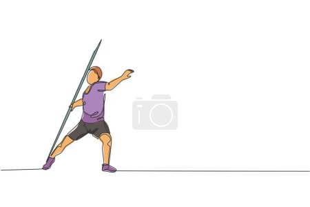 Illustration for One single line drawing of young energetic man exercise throw javelin with all the power vector illustration graphic. Healthy lifestyle athletic sport concept. Modern continuous line draw design - Royalty Free Image
