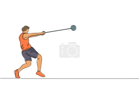 Illustration for One continuous line drawing of young sporty man exercise to focus before throw hammer on the field. Athletic games. Olympic sport concept. Dynamic single line draw design graphic vector illustration - Royalty Free Image