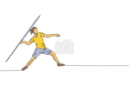 Illustration for Single continuous line drawing young sportive woman practice to focus before throw javelin on the court stadium. Athletic games sport concept. Trendy one line draw design vector graphic illustration - Royalty Free Image