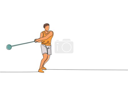 Illustration for One single line drawing of young energetic man exercise to throw hammer powerfully on field vector graphic illustration. Healthy lifestyle athletic sport concept. Modern continuous line draw design - Royalty Free Image