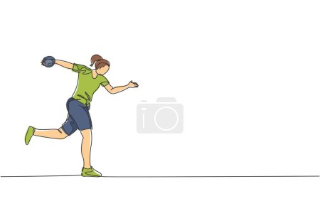 Illustration for One single line drawing of young energetic woman exercise to powerfully throw discus into field ground vector illustration. Healthy lifestyle athletic sport concept. Modern continuous line draw design - Royalty Free Image
