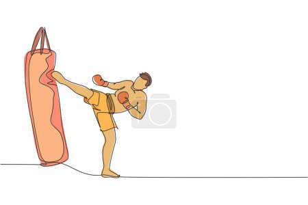 Illustration for One continuous line drawing of young sporty man kickboxer athlete training with kick punching bag at gym center. Combative kickboxing sport concept. Dynamic single line draw design vector illustration - Royalty Free Image