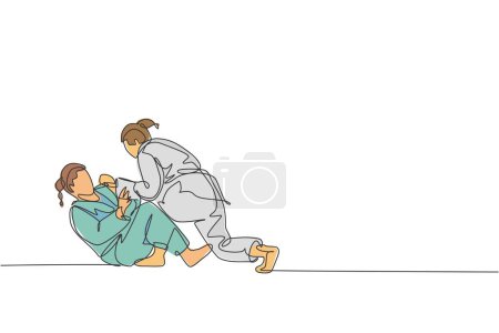 Ilustración de Una sola línea de dibujo de dos jóvenes mujeres luchadoras judoka enérgicas batalla en el centro de gimnasio vector ilustración gráfica. Arte marcial concepto de competición deportiva. Diseño de dibujo de línea continua moderna - Imagen libre de derechos