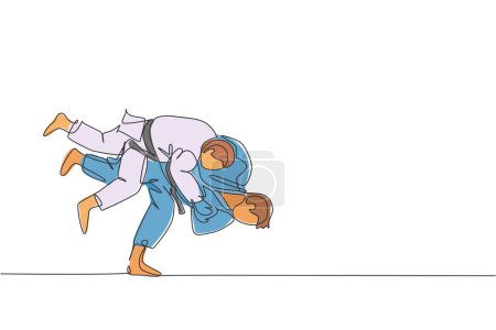 Téléchargez les illustrations : Dessin en ligne unique continu de deux jeunes hommes de combat de judoka sportif pratiquent l'habileté de judo au centre de gymnastique dojo. Lutte contre le jujitsu, concept de sport aikido. Illustration vectorielle de dessin à une ligne tendance - en licence libre de droit