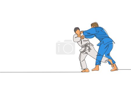 Eine einzige Linienzeichnung von zwei jungen, energischen Judokas, die im Fitnessstudio kämpfen, veranschaulicht die Vektorgrafik. Kampfsportwettkampfkonzept. Modernes durchgehendes Linienzugdesign