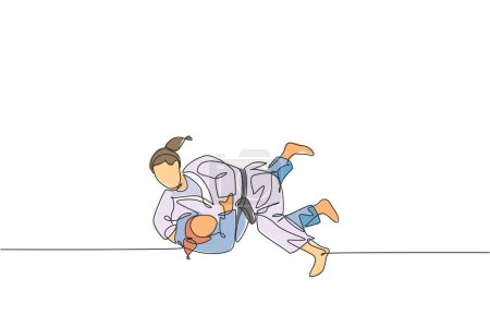 Ilustración de Una sola línea que dibuja dos jóvenes judokas enérgicos luchadoras luchan luchando en el centro de gimnasia ilustración vectorial gráfico. Arte marcial concepto de competición deportiva. Diseño de dibujo de línea continua moderna - Imagen libre de derechos