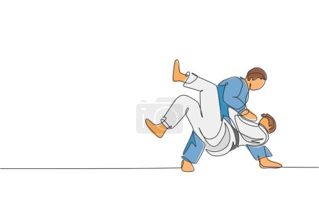 Ilustración de Una línea continua de dibujo de dos jóvenes deportistas que entrenan la técnica de judo en el pabellón deportivo. Jiu jitsu batalla lucha concepto de competición deportiva. Dibujo dinámico de una sola línea diseño gráfico vector ilustración - Imagen libre de derechos