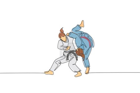 Una línea continua dibuja dos jóvenes deportistas que entrenan la técnica de judo en el pabellón deportivo. Jiu jitsu batalla lucha concepto de competición deportiva. Dibujo dinámico de una sola línea diseño gráfico vector ilustración