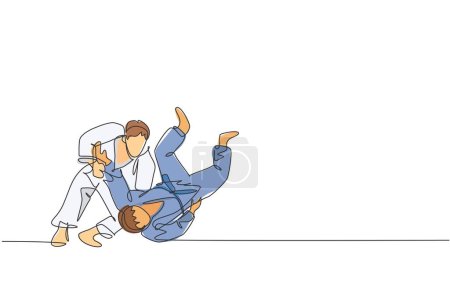 Una sola línea de dibujo de dos jóvenes hombres de combate judokas enérgicos batalla en el centro de gimnasio ilustración vectorial gráfico. Arte marcial concepto de competición deportiva. Diseño de dibujo de línea continua moderna