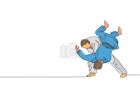 Ilustración de Una sola línea de dibujo de dos jóvenes hombres de combate judokas enérgicos batalla en el centro de gimnasio ilustración gráfica vectorial. Arte marcial concepto de competición deportiva. Diseño de dibujo de línea continua moderna - Imagen libre de derechos