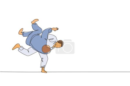 Téléchargez les illustrations : Un dessin en ligne continu de deux jeunes hommes sportifs s'entraînant à la technique du judo à la salle de sport. Jiu jitsu combat combat sport compétition concept. Illustration vectorielle de dessin dynamique à une ligne - en licence libre de droit