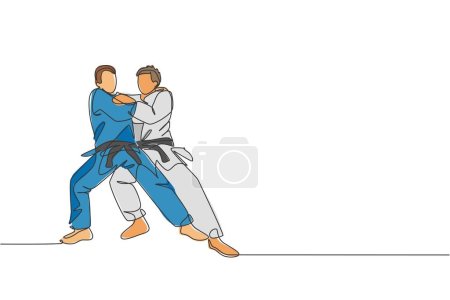 Illustration for One continuous line drawing of two young sporty men training judo technique at sport hall. Jiu jitsu battle fight sport competition concept. Dynamic single line draw design graphic vector illustration - Royalty Free Image