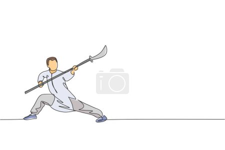Téléchargez les illustrations : Un seul dessin de ligne de jeune homme sur l'exercice kimono wushu art martial, technique de kung fu avec lance sur l'illustration vectorielle du centre de gymnastique. Concept de combat sportif. Conception moderne de tracé continu - en licence libre de droit