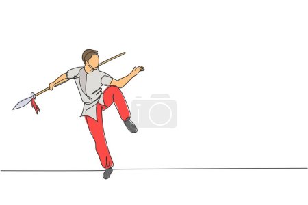 Ilustración de Una sola línea de dibujo de hombre joven en el ejercicio de kimono arte marcial wushu, técnica de kung fu con lanza en el centro de gimnasio ilustración vectorial. Lucha contra el concepto deportivo. Diseño de dibujo de línea continua moderna - Imagen libre de derechos