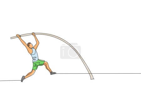 Illustration for One continuous line drawing of young sporty man practicing pole vault stance jump in the field. Healthy athletic sport concept. Championship event. Dynamic single line draw design vector illustration - Royalty Free Image