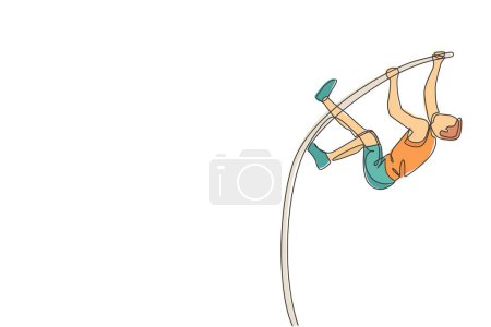 Illustration for One single line drawing of young energetic man exercise pole vault to pass the bar at field vector illustration. Healthy athletic sport concept. Competition event. Modern continuous line draw design - Royalty Free Image
