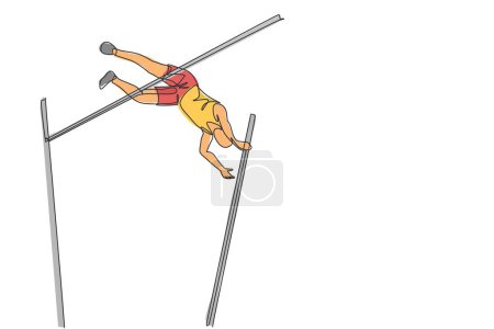 Illustration for One continuous line drawing of young sporty man practicing to pass pole vault bar in the field. Healthy athletic sport concept. Championship event. Dynamic single line draw design vector illustration - Royalty Free Image