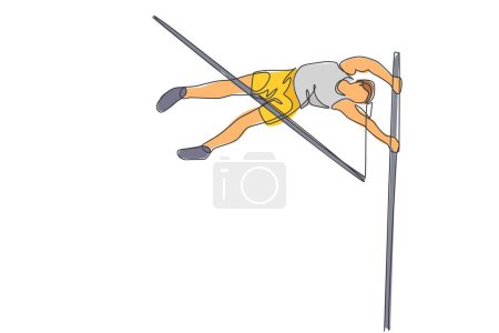 Illustration for One single line drawing of young energetic woman exercise to pass the bar on pole vault game vector illustration. Healthy athletic sport concept. Competition event. Modern continuous line draw design - Royalty Free Image