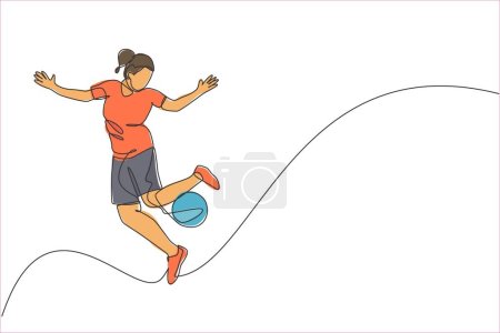 One single line drawing young happy woman perform soccer freestyle, juggling ball at the city square vector illustration graphic. Football freestyler sport concept. Modern continuous line draw design