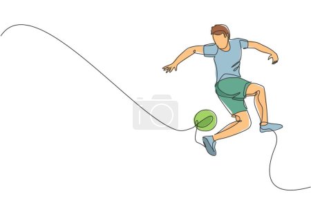 Illustration for One continuous line drawing of young sporty man soccer freestyler player practice to juggle ball with heel in the street. Football freestyle sport concept. Single line draw design vector illustration - Royalty Free Image