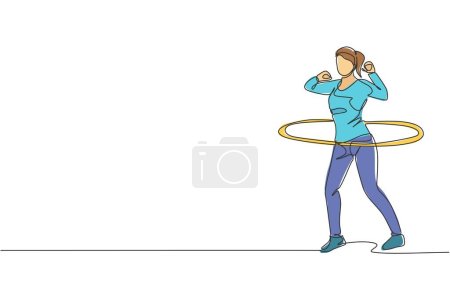 Ilustración de Dibujo de línea continua única de mujer joven deportiva feliz entrenamiento con hula hoop en el centro del club de gimnasia deportiva. Concepto de estiramiento físico. Trendy una línea dibujar diseño gráfico vector ilustración - Imagen libre de derechos