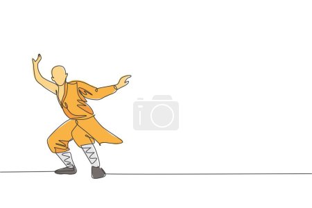 Ilustración de Una sola línea continua dibujo joven musculoso hombre monje shaolin entrenar arte marcial en templo shaolin. Concepto tradicional de lucha de kung fu chino. Trendy una línea dibujar diseño gráfico vector ilustración - Imagen libre de derechos