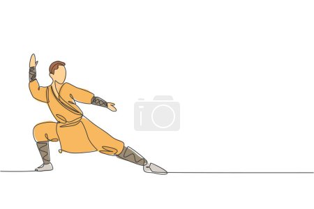 Téléchargez les illustrations : Une seule ligne dessin jeune homme moine shaolin énergique exercice kung fu combat à l'illustration graphique vectorielle temple. Ancien concept de sport d'art martial chinois. Conception moderne de tracé continu - en licence libre de droit