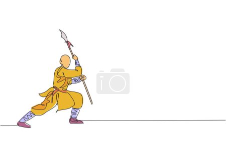 Téléchargez les illustrations : Un seul dessin de ligne de jeune homme moine shaolin énergique exercice de combat avec lance à l'illustration vectorielle temple. Ancien concept de sport d'art martial chinois. Conception moderne de tracé continu - en licence libre de droit
