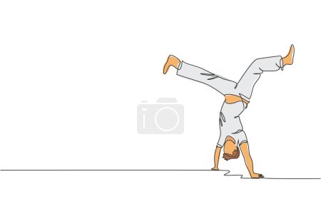 Illustration for Single continuous line drawing of young sportive man practice Brazilian capoeira move dance at outdoor street. Culture martial art and sport concept. Trendy one line draw design vector illustration - Royalty Free Image