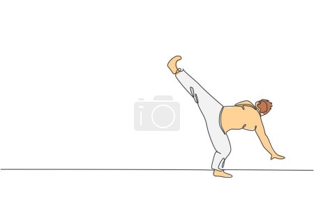 Illustration for One single line drawing of young energetic man capoeira dancer perform dancing fight graphic vector illustration. Traditional martial art lifestyle sport concept. Modern continuous line draw design - Royalty Free Image