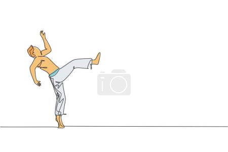 Illustration for One continuous line drawing of young sporty Brazilian fighter man training capoeira on the beach. Healthy traditional fighting sport concept. Dynamic single line draw design vector illustration - Royalty Free Image