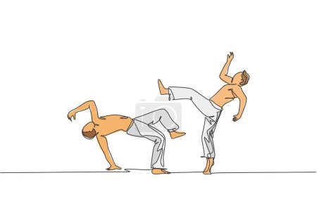 Illustration for Single continuous line drawing of two young sportive men practice Brazilian capoeira move dance at outdoor street. Culture martial art sport concept. Trendy one line draw design vector illustration - Royalty Free Image