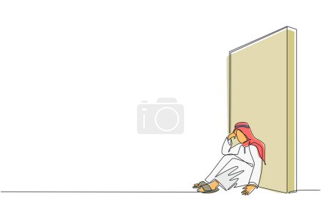 Téléchargez les illustrations : Un seul dessin en ligne continue bouleversé homme d'affaires arabe assis sur le sol et appuyé contre le mur. Concept d'entreprise en échec, triste, solitaire, en faillite ou expression négative. Un vecteur de dessin de ligne - en licence libre de droit