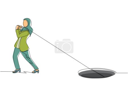 Ilustración de Una sola línea continua dibujando a una empresaria árabe tratando de tirar de la cuerda para arrastrar algo del agujero, metáfora de enfrentar un gran problema. Los negocios luchan. Ilustración vectorial de diseño de una línea - Imagen libre de derechos