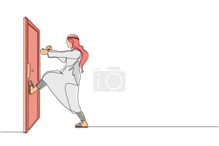Ilustración de Una sola línea dibujando hombre de negocios árabe patea la puerta cerrada con su pierna. Negocios y éxito. Enfoque agresivo de negocios. Los negocios luchan. Dibujo de línea continua diseño gráfico vector ilustración - Imagen libre de derechos