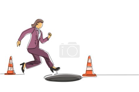 Continuous one line drawing blindfolded businesswoman running to find money with pit hole. Woman runs to business trap. Blind investment concept. Metaphor. Single line draw design vector illustration