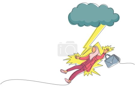 Una sola línea dibujando a una empresaria árabe golpeada por un rayo o un trueno desde una nube oscura. Mala suerte, miseria, desafortunado, desafortunado, desastre, riesgo, peligro. Línea continua dibujar diseño gráfico vector