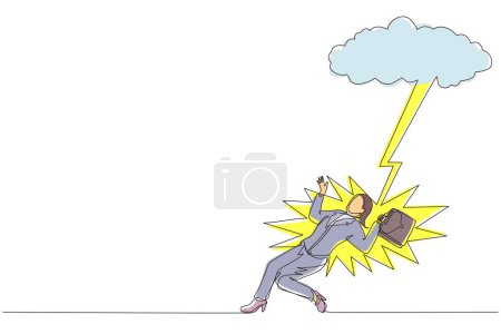 Ilustración de Una sola línea continua dibujando a una mujer de negocios golpeada por un rayo o trueno desde una nube oscura. Mala suerte, miseria, desafortunado, desafortunado, desastre, riesgo y peligro. Una línea dibujar vector de diseño gráfico - Imagen libre de derechos