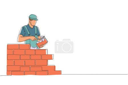 Illustration for Continuous one line drawing repairman building brick wall. Construction worker in uniform and helmet doing work. Builder concept. Repair work services. Single line design vector graphic illustration - Royalty Free Image