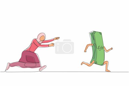 Illustration for Continuous one line drawing Arabic businesswoman or manager running and chasing after run away money. Concept of money obsession, impatient, greedy. Single line draw design vector graphic illustration - Royalty Free Image