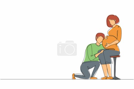 Illustration for Single one line drawing husband kneel down and listening to his pregnant wife belly, expecting new born baby. Man hugs pregnant woman. Modern continuous line draw design graphic vector illustration - Royalty Free Image